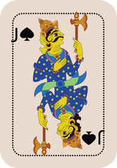 Detailed Indian line art illustration styled as a traditional playing card, featuring an ornate mythological warrior king design in black and white with intricate decorative elements.