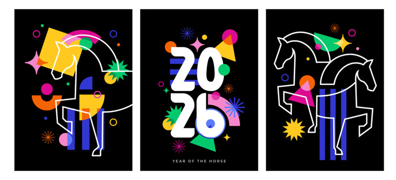 Modern colorful geometric banner templates for Chinese New Year 2026 - Year of the Horse. social media promotional content social media promotional content