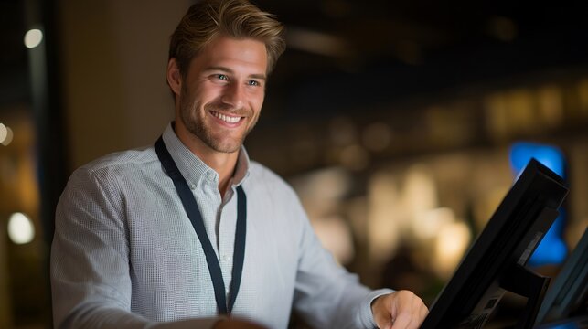 A friendly staff member at an airport information desk pointing travelers toward security checkpoints while managing multiple questions with calm efficiency — travel assistance, international