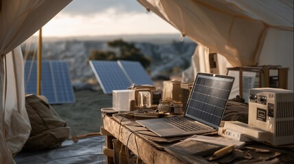 A compact solar generator powering a workstation in a remote field tent, foldable solar panels gathering sunlight while laptops and lab tools run silently — renewable off-grid energy, portable