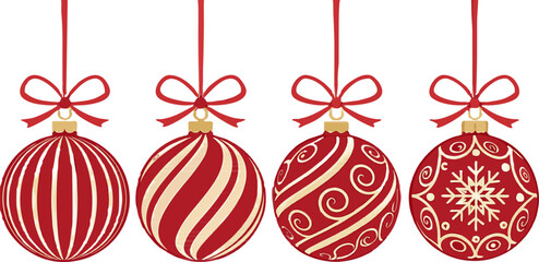 Red holiday ornaments vector set, glossy Christmas balls with decorative prints, clean design, premium quality, festive, polished and elegant.