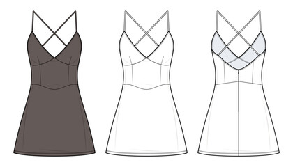 Cross-Back Cami Mini Dress Technical Fashion Illustration. Strappy Fitted Dress Vector Template. Front and Back Views with Bust Seaming. Women&rsquo;s Dress CAD Mockup Set.