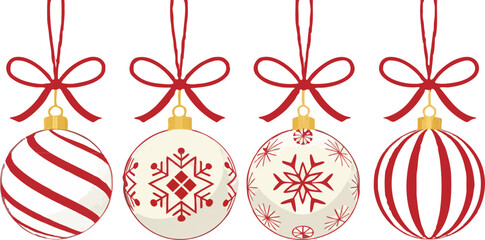 Fototapeta premium Red Christmas ornaments vector set, shiny festive spheres with elegant patterns, clean design, high-resolution, premium holiday décor, modern and polished.