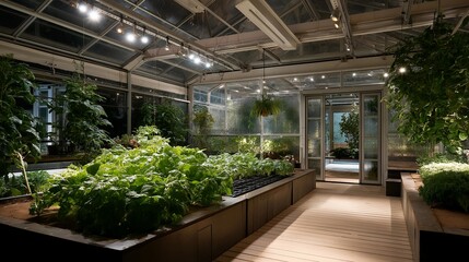 A modular greenhouse with sliding climate zones, allowing different crops to grow side-by-side under individually controlled humidity and light — precision agriculture, sustainable food innovation,