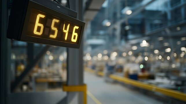 An industrial workflow timer mounted on a factory wall, bright LED numbers signaling synchronized tasks across buzzing production lines — manufacturing precision, operational timing, and efficiency
