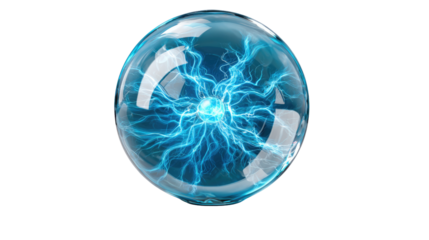 Energy sphere : A mesmerizing energy sphere captivates the viewer with its dynamic, crackling blue electrical currents, suspended within a transparent orb.