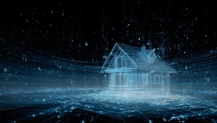 Abstract ethereal glowing light structure emerging from dark water with sparkling particles creating a mystical and futuristic atmospheric scene