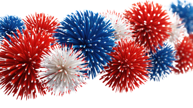 Festive Fireworks in Color: A vibrant explosion of red, white, and blue, capturing the essence of a celebratory spectacle. The image is visually dynamic and full of patriotic spirit.