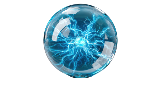 Energy sphere : A mesmerizing energy sphere captivates the viewer with its dynamic, crackling blue electrical currents, suspended within a transparent orb.