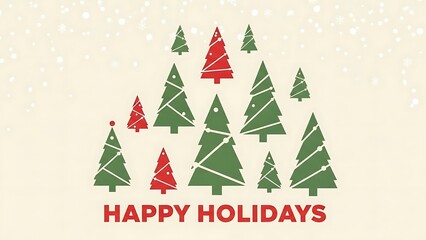 Happy holidays greeting card with green and red christmas trees on a beige background