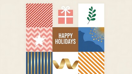 Colorful holiday cards with festive patterns, ribbons, and holiday wishes for christmas and new year celebrations