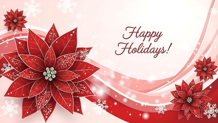 Red poinsettia flowers with snowflakes and holiday wishes on a light pink background