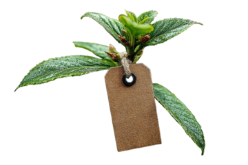 Eco Friendly Product Tag on Vibrant Green Leaf Stem Sustainable Branding Natural Products Black
