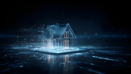 Futuristic architectural concept of a transparent crystalline structure with glowing blue digital data streams emanating outwards against a dark abstract background