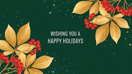 Holiday greeting card with gold leaves and red berries on a dark green background