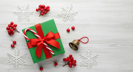 Green Christmas gift box with a red bow and candy cane on a white wooden background