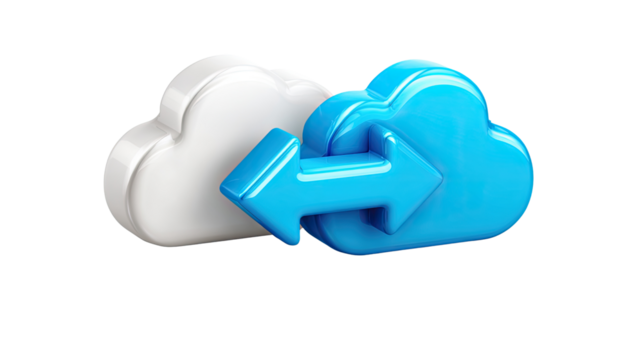 Cloud Sync Icon: A digital illustration of cloud symbols with an arrow indicating data transfer, symbolizing cloud storage, data exchange, and online connectivity.