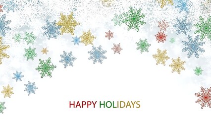 Colorful holiday snowflakes scattered on white background with happy holidays greeting