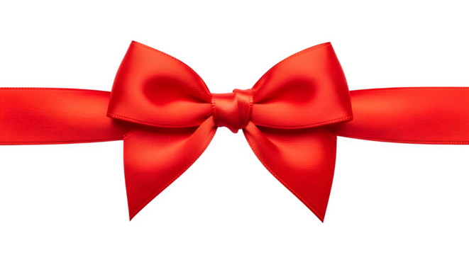 Classic red satin ribbon bow and horizontal band isolated on transparent background