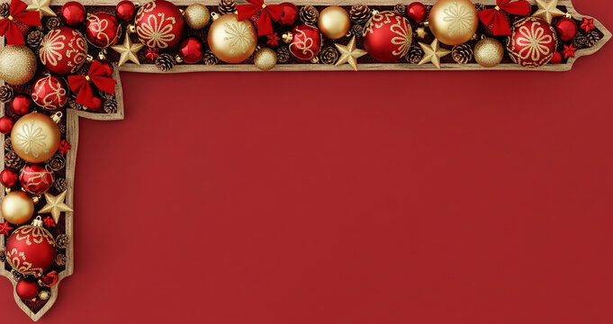 Christmas corner border on a rich red background, with ornate red and gold baubles, pine cones, stars, and bows