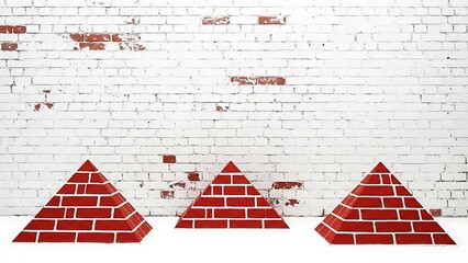 Three red brick pyramids on a white brick wall background