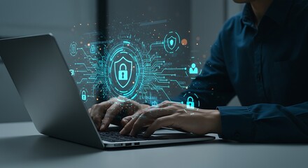 Cybersecurity Professional Securing Data, Man working on laptop, digital security shield hologram. Data protection, privacy, and network security concept