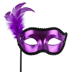 Fototapeta premium Purple masquerade mask with feathers and glitter on stick isolated on transparent background