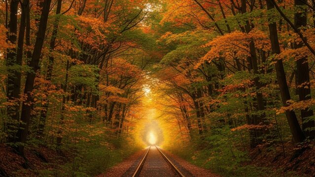 Autumn forest tunnel with railway tracks vibrant fall foliage in a natural archway ideal for travel and nature photography