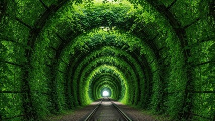 Green tunnel of love with railway tracks natural archway formed by trees and foliage romantic travel destination for tourism and environmental concepts