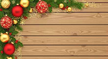 Christmas border decoration with red and gold baubles, holly, pine branches, and golden filigree on a rustic wooden background with copy space