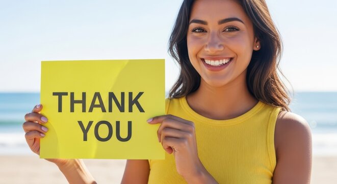 Woman holding a yellow sign with thank you text. Gratitude concept for expressing appreciation and thankfulness. Sincere message of thanks.