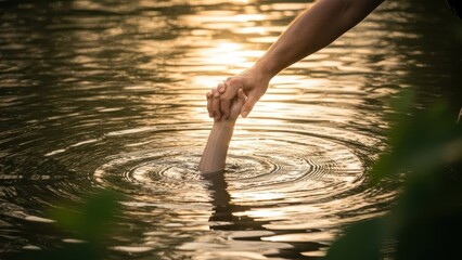 Man helping woman drowning in water with outstretched hand. Lifesaver offering support and rescue. Concept of teamwork, crisis, and problem solving.