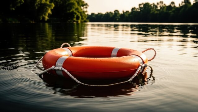 Orange lifebuoy floating in the tranquil water of a lake at sunset. Safety and rescue equipment for water sports.