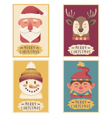 Set of whimsical Christmas character posters. Cozy Santa, cheerful reindeer, cute snowman, jolly elf, festive winter backgrounds, vibrant colorful holiday style