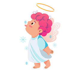 Cute angel blowing snowflakes, winter holiday illustration