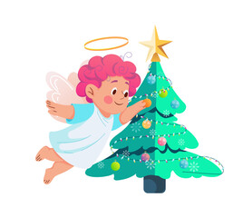 Christmas angel decorating a festive tree with ornaments and lights