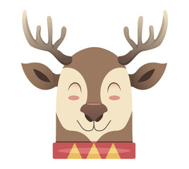 Smiling cartoon reindeer with antlers and a festive red and yellow collar