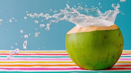 A green coconut is sitting on a table with a splash of water around it. Concept of freshness and vitality, as the coconut is a symbol of health and wellness
