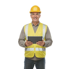 Construction worker wearing a safety helmet and vest holding a tablet in a workplace setting