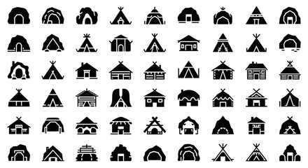 Collection of various black and white house and shelter icons.
