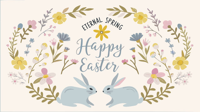 Charming illustration of two adorable light blue easter bunnies facing each other amidst a delicate floral wreath with the words happy easter and eternal spring