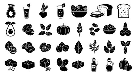 A collection of black and white vector icons depicting various healthy food items such as fruits, vegetables, grains, and oils.