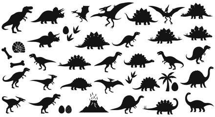 Collection of various dinosaur prehistoric animal silhouettes in black and white © Muhammadagil