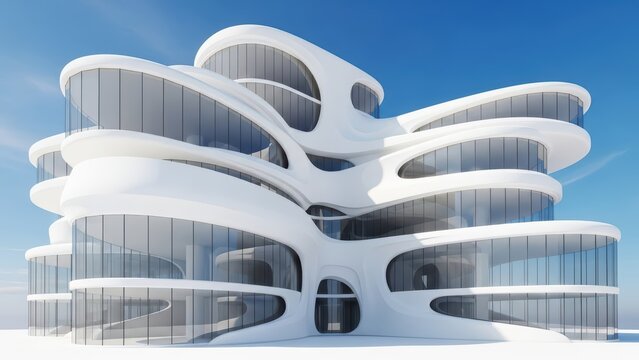 Futuristic organic architecture building design with curved glass facade - Powered by Adobe