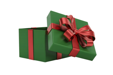 Open green gift box with red ribbon isolated on transparent background for celebration