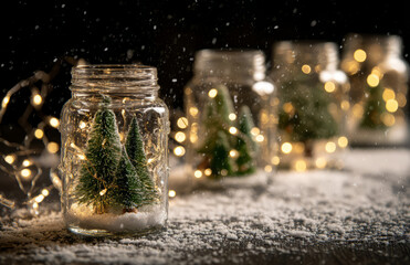 Christmas jar decor, string lights, glass jar, mini tree, snow cozy holiday craft