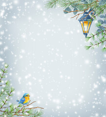 Christmas card with blue bird and coniferous pine tree twig with lantern against background of snowfall. New Year card.