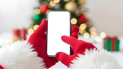Santa Claus hands using smartphone with blank screen near Christmas tree  
