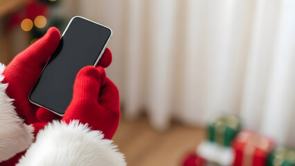 Santa Claus holding smartphone in cozy room with Christmas gifts  
