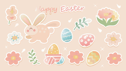 Happy easter greeting with cute cartoon bunny decorated eggs flowers and green branches on a soft pastel background perfect for spring celebrations and festive designs